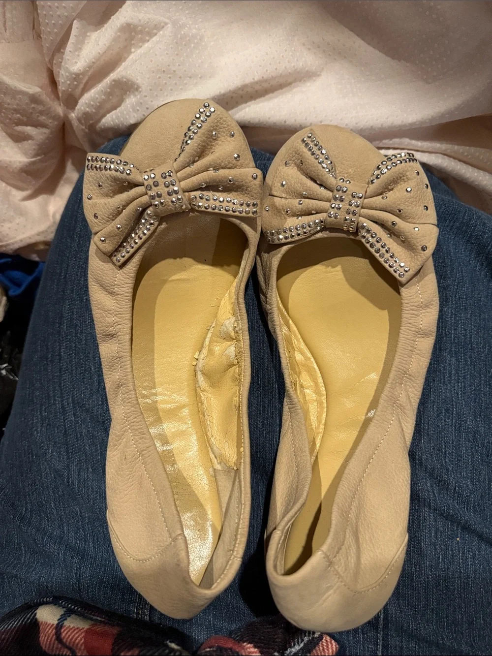 Gianni Bini Women’s Beige Bow Ballet Flats with Rhinestone Accents